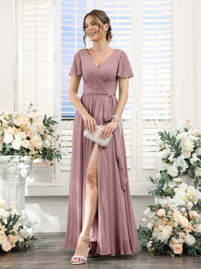 V-Neck A-Line Princess Floor-Length Chiffon Bridesmaid Dress with Side Split & Ruched Short Sleeves