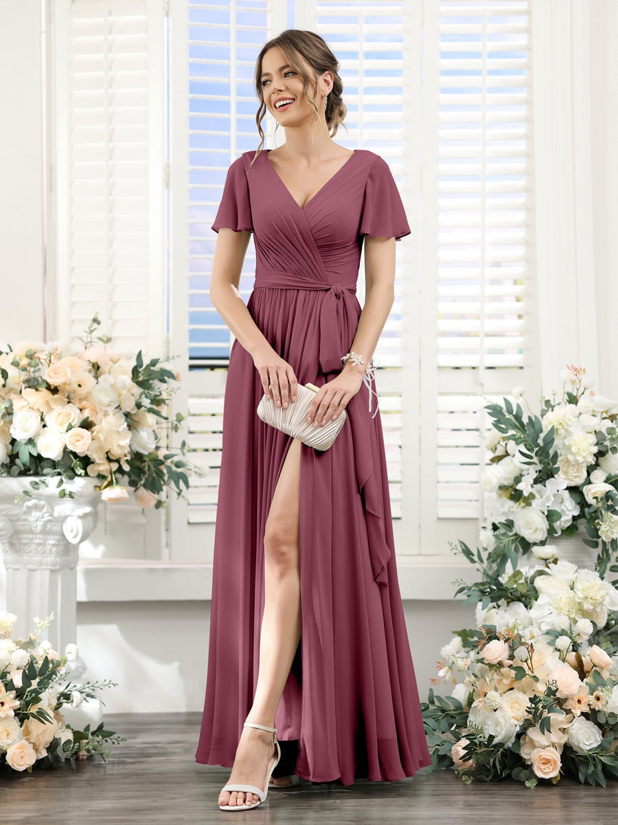 V-Neck A-Line Princess Floor-Length Chiffon Bridesmaid Dress with Side Split & Ruched Short Sleeves