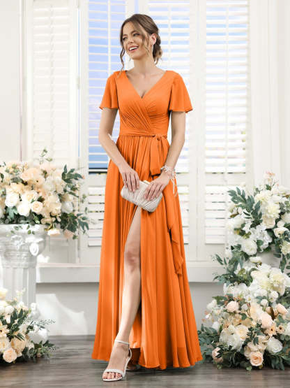 V-Neck A-Line Princess Floor-Length Chiffon Bridesmaid Dress with Side Split & Ruched Short Sleeves