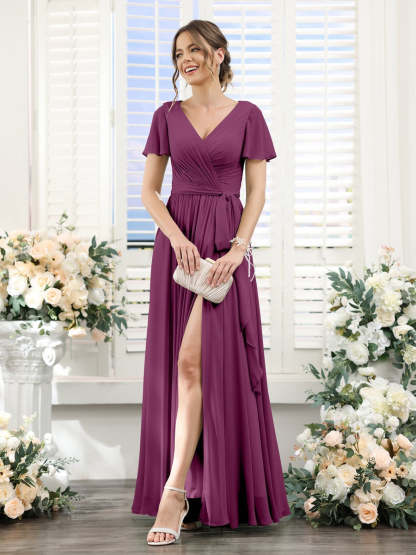 V-Neck A-Line Princess Floor-Length Chiffon Bridesmaid Dress with Side Split & Ruched Short Sleeves
