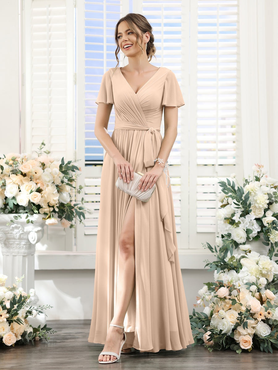 V-Neck A-Line Princess Floor-Length Chiffon Bridesmaid Dress with Side Split & Ruched Short Sleeves