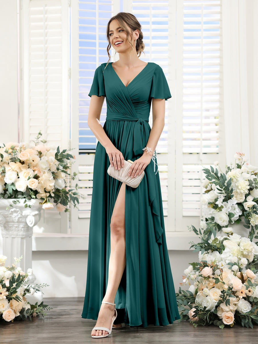 V-Neck A-Line Princess Floor-Length Chiffon Bridesmaid Dress with Side Split & Ruched Short Sleeves