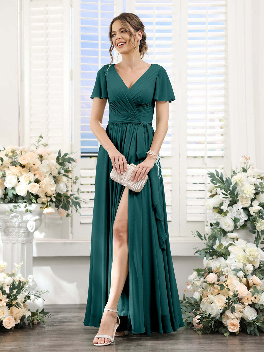 V-Neck A-Line Princess Floor-Length Chiffon Bridesmaid Dress with Side Split & Ruched Short Sleeves