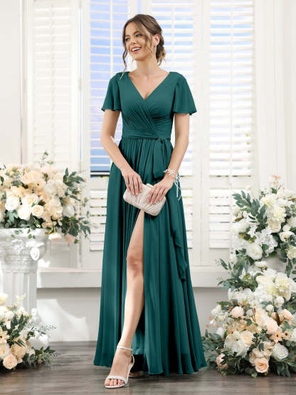 V-Neck A-Line Princess Floor-Length Chiffon Bridesmaid Dress with Side Split & Ruched Short Sleeves