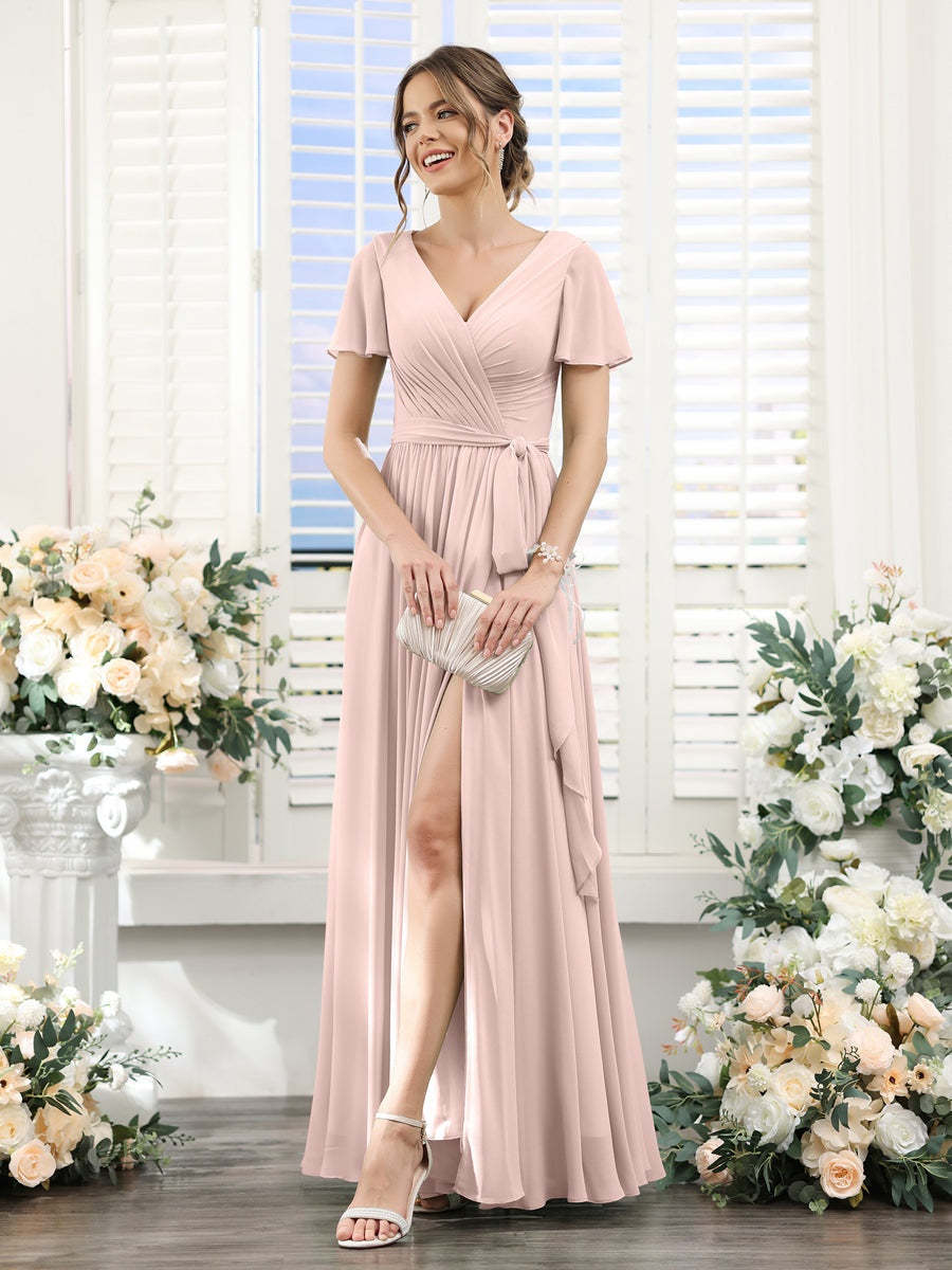 V-Neck A-Line Princess Floor-Length Chiffon Bridesmaid Dress with Side Split & Ruched Short Sleeves