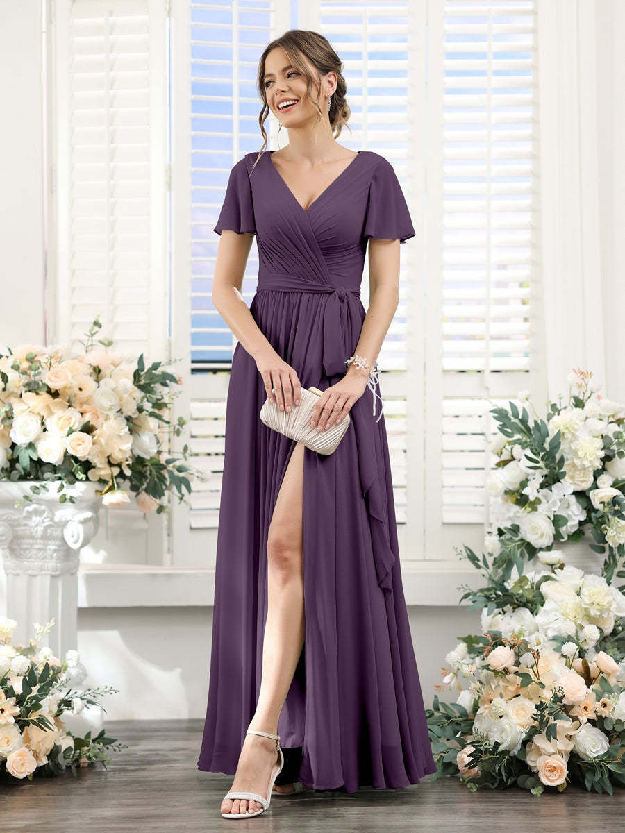 V-Neck A-Line Princess Floor-Length Chiffon Bridesmaid Dress with Side Split & Ruched Short Sleeves