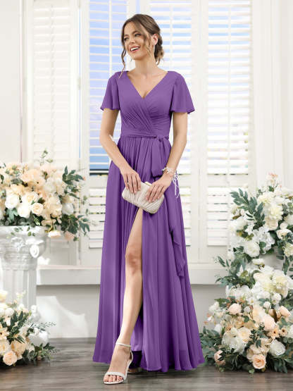 V-Neck A-Line Princess Floor-Length Chiffon Bridesmaid Dress with Side Split & Ruched Short Sleeves