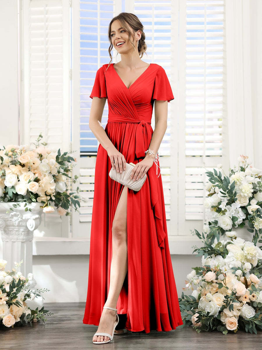 V-Neck A-Line Princess Floor-Length Chiffon Bridesmaid Dress with Side Split & Ruched Short Sleeves