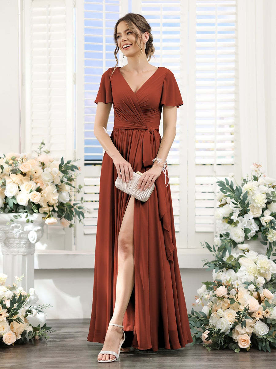 V-Neck A-Line Princess Floor-Length Chiffon Bridesmaid Dress with Side Split & Ruched Short Sleeves
