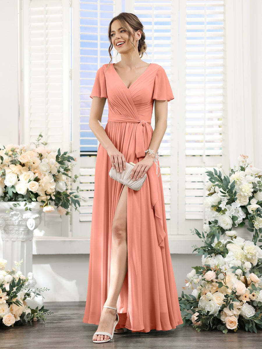 V-Neck A-Line Princess Floor-Length Chiffon Bridesmaid Dress with Side Split & Ruched Short Sleeves