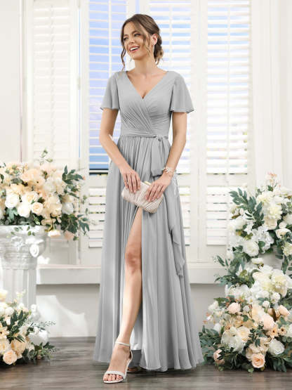 V-Neck A-Line Princess Floor-Length Chiffon Bridesmaid Dress with Side Split & Ruched Short Sleeves