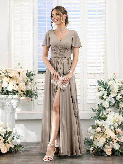 V-Neck A-Line Princess Floor-Length Chiffon Bridesmaid Dress with Side Split & Ruched Short Sleeves