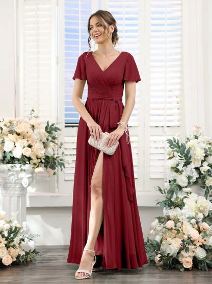 V-Neck A-Line Princess Floor-Length Chiffon Bridesmaid Dress with Side Split & Ruched Short Sleeves