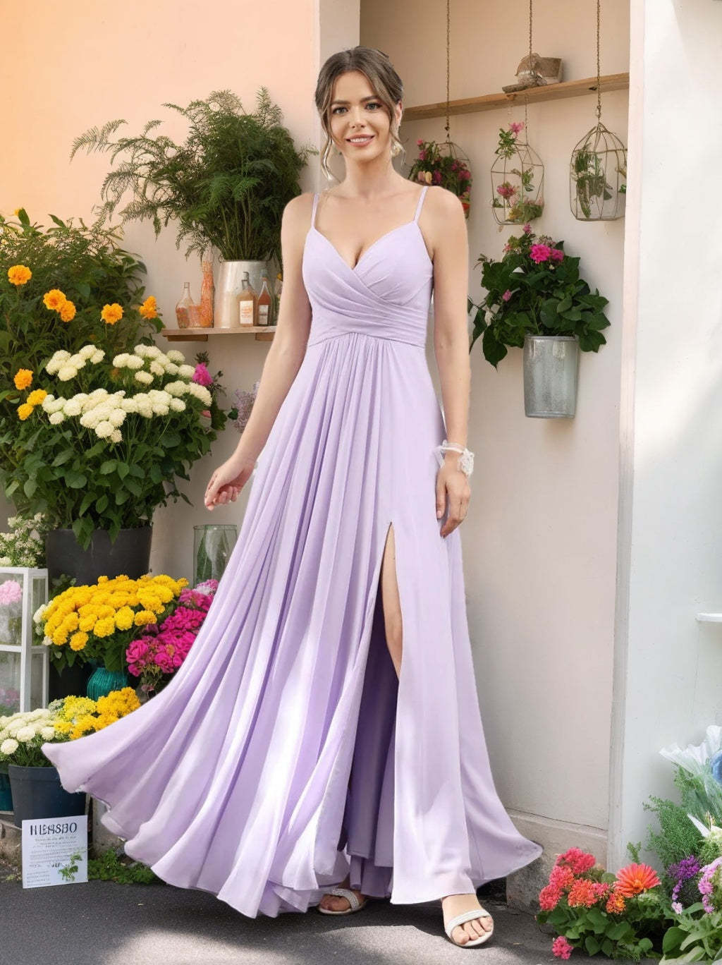 Princess A-Line Floor-Length Chiffon Bridesmaid Dress with V-Neck and Spaghetti Straps