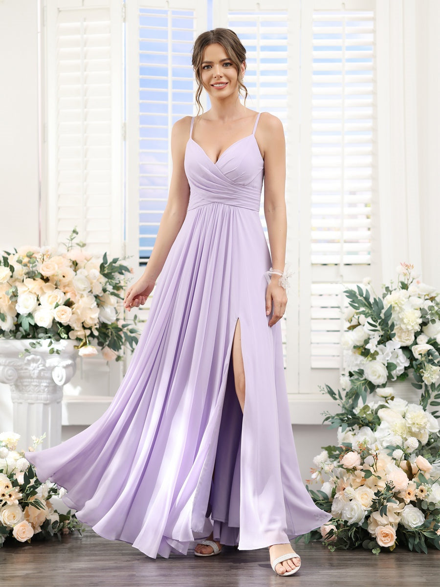 Princess A-Line Floor-Length Chiffon Bridesmaid Dress with V-Neck and Spaghetti Straps