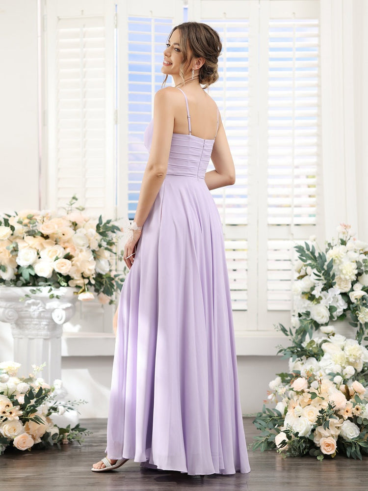 Princess A-Line Floor-Length Chiffon Bridesmaid Dress with V-Neck and Spaghetti Straps
