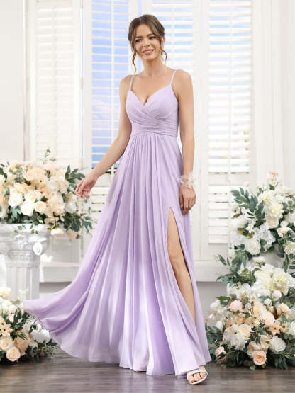 Princess A-Line Floor-Length Chiffon Bridesmaid Dress with V-Neck and Spaghetti Straps