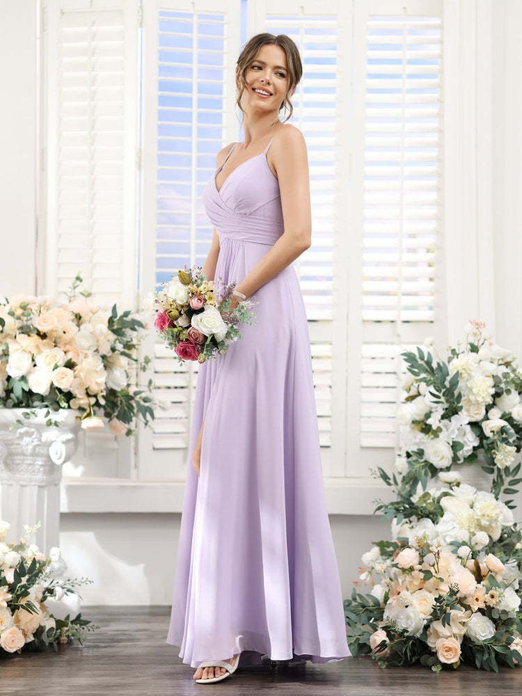 Princess A-Line Floor-Length Chiffon Bridesmaid Dress with V-Neck and Spaghetti Straps