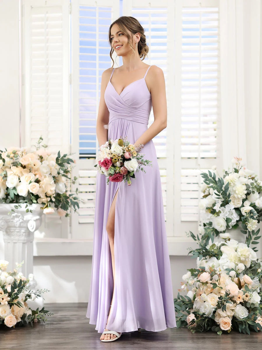 Princess A-Line Floor-Length Chiffon Bridesmaid Dress with V-Neck and Spaghetti Straps