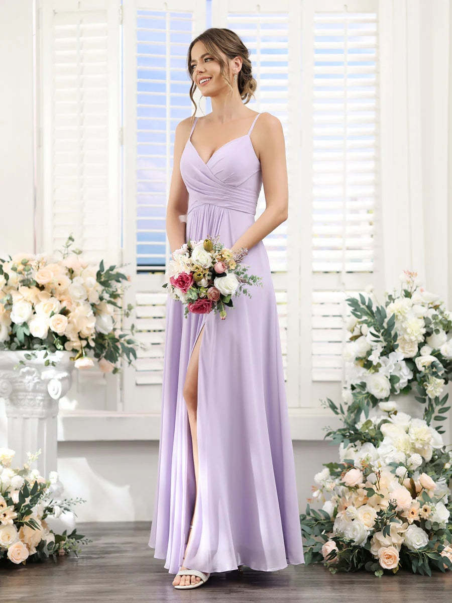 Princess A-Line Floor-Length Chiffon Bridesmaid Dress with V-Neck and Spaghetti Straps