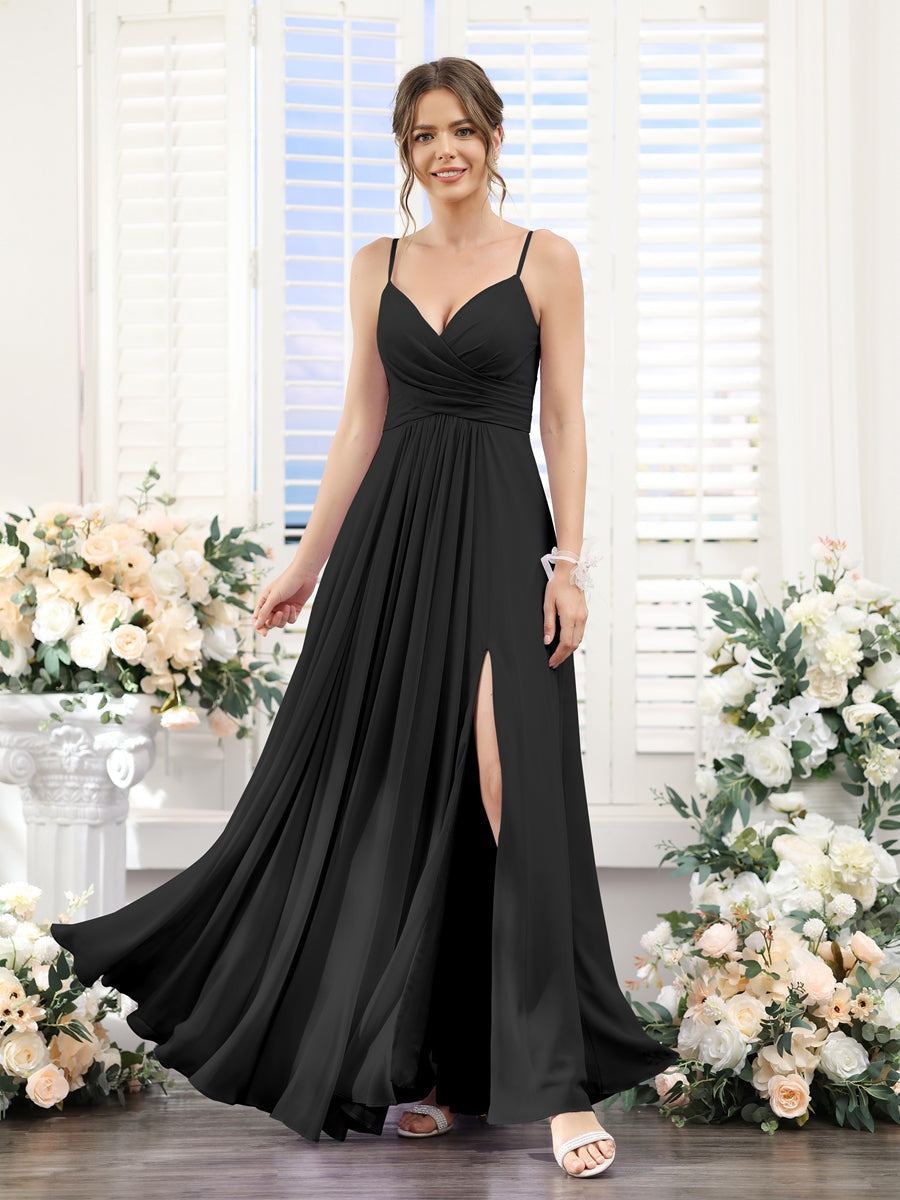 Princess A-Line Floor-Length Chiffon Bridesmaid Dress with V-Neck and Spaghetti Straps