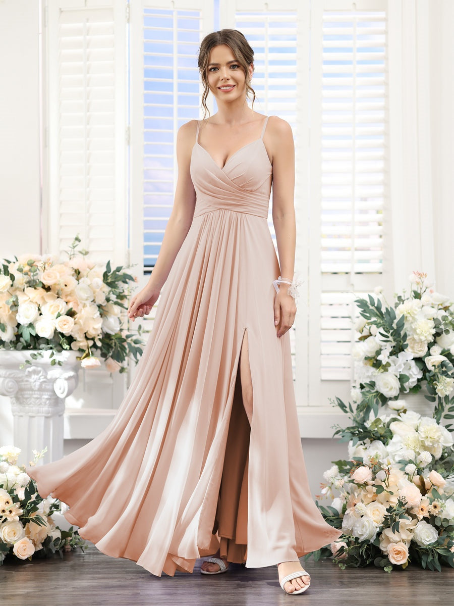Princess A-Line Floor-Length Chiffon Bridesmaid Dress with V-Neck and Spaghetti Straps