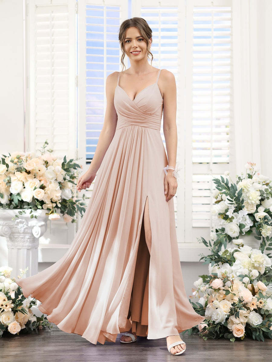 Princess A-Line Floor-Length Chiffon Bridesmaid Dress with V-Neck and Spaghetti Straps