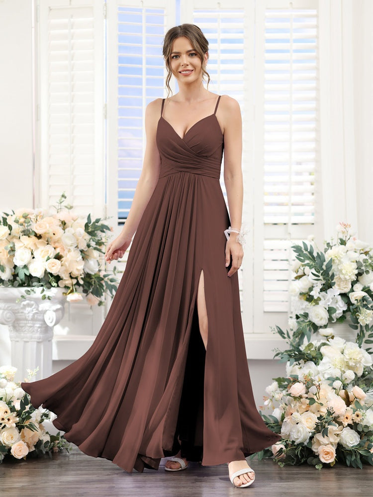 Princess A-Line Floor-Length Chiffon Bridesmaid Dress with V-Neck and Spaghetti Straps