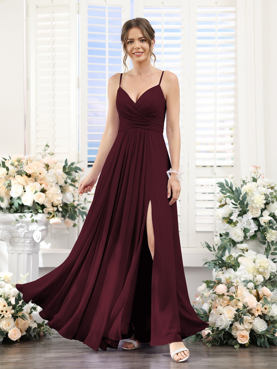 Princess A-Line Floor-Length Chiffon Bridesmaid Dress with V-Neck and Spaghetti Straps