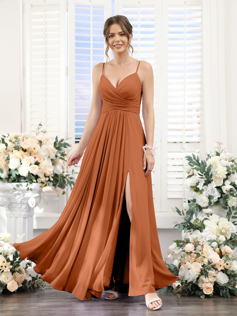 Princess A-Line Floor-Length Chiffon Bridesmaid Dress with V-Neck and Spaghetti Straps