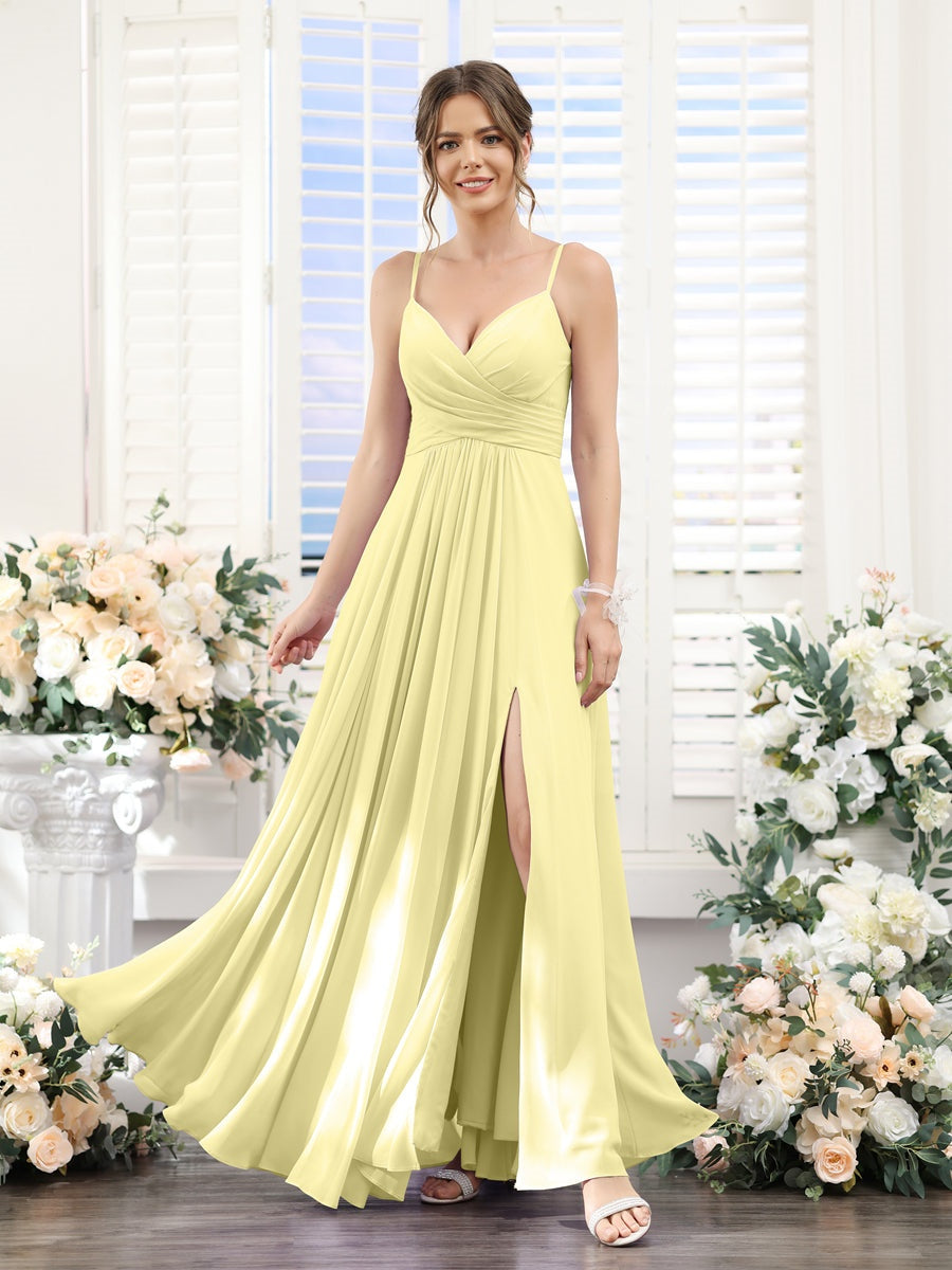 Princess A-Line Floor-Length Chiffon Bridesmaid Dress with V-Neck and Spaghetti Straps