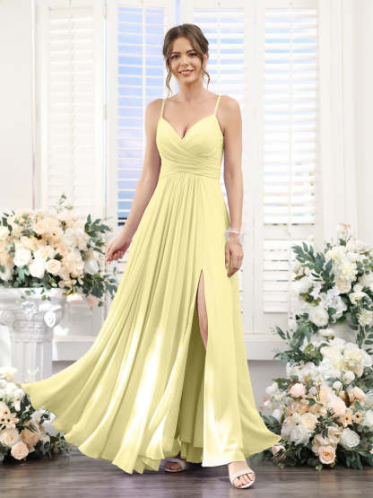 Princess A-Line Floor-Length Chiffon Bridesmaid Dress with V-Neck and Spaghetti Straps