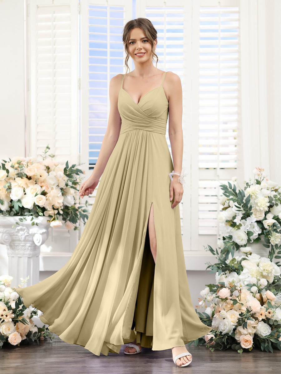 Princess A-Line Floor-Length Chiffon Bridesmaid Dress with V-Neck and Spaghetti Straps