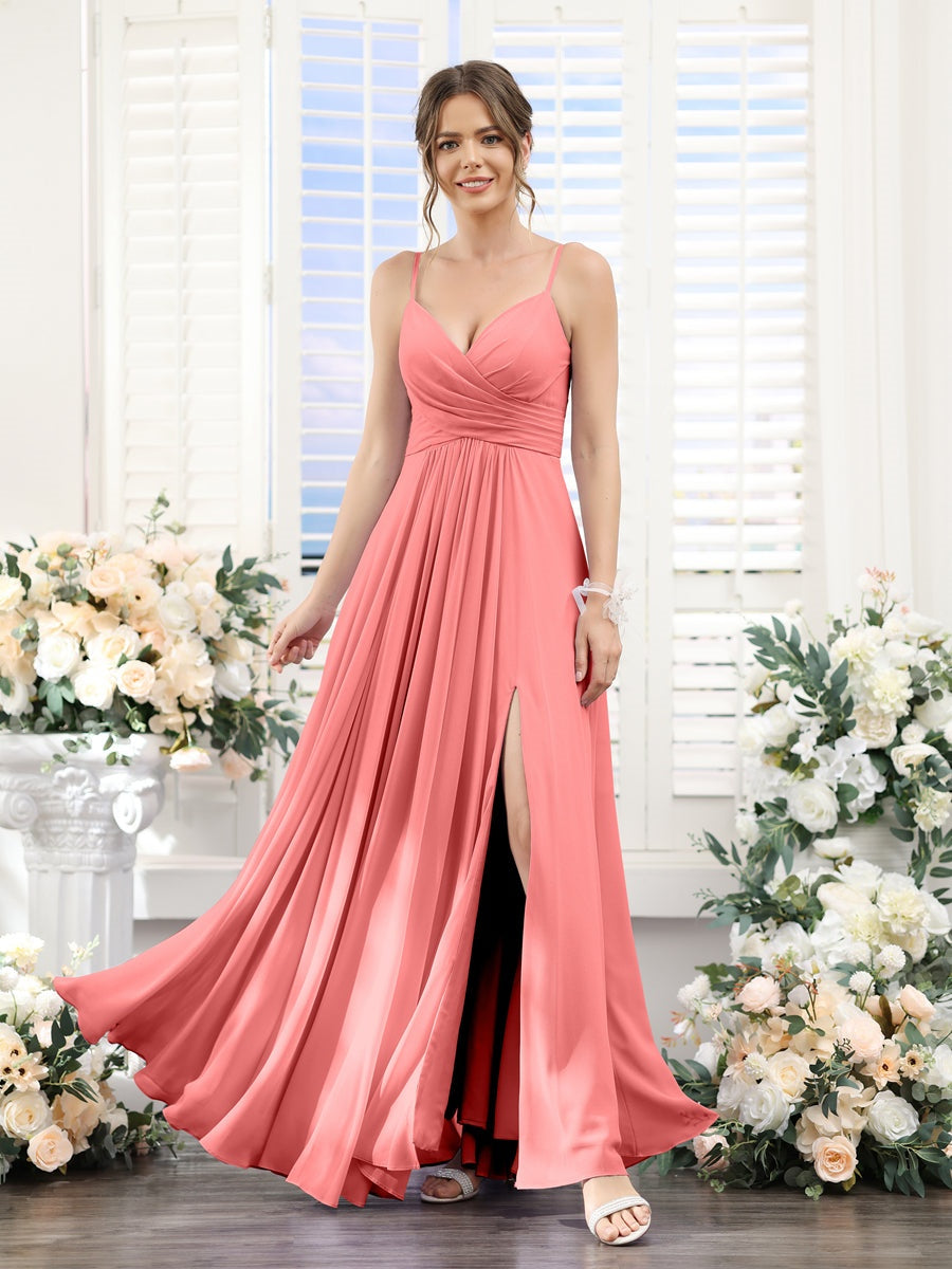 Princess A-Line Floor-Length Chiffon Bridesmaid Dress with V-Neck and Spaghetti Straps
