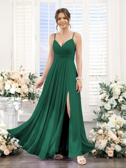 Princess A-Line Floor-Length Chiffon Bridesmaid Dress with V-Neck and Spaghetti Straps