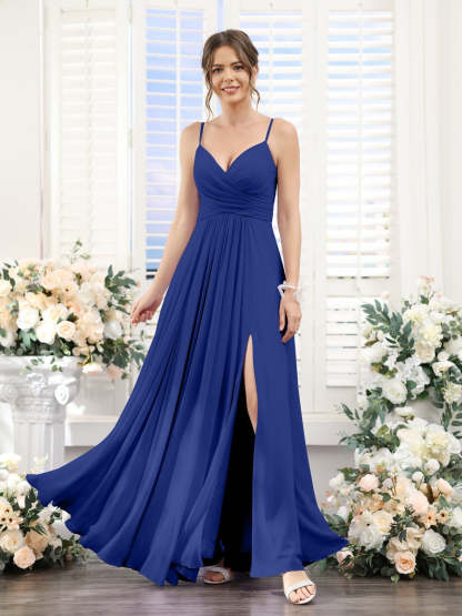 Princess A-Line Floor-Length Chiffon Bridesmaid Dress with V-Neck and Spaghetti Straps