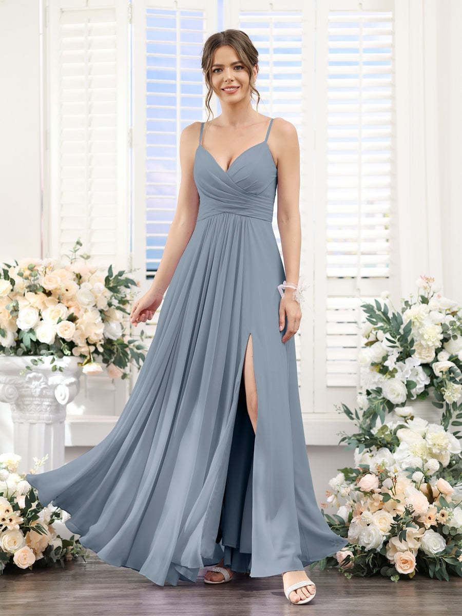 Princess A-Line Floor-Length Chiffon Bridesmaid Dress with V-Neck and Spaghetti Straps