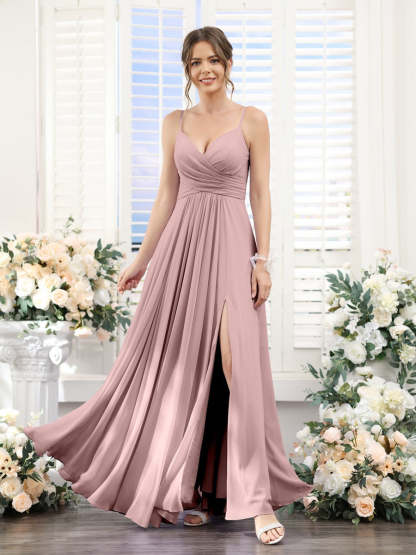 Princess A-Line Floor-Length Chiffon Bridesmaid Dress with V-Neck and Spaghetti Straps