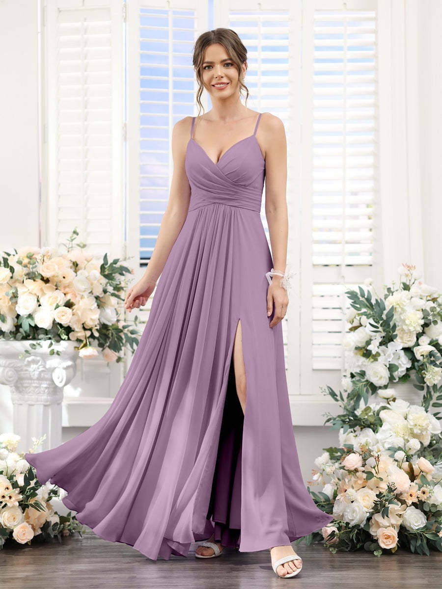 Princess A-Line Floor-Length Chiffon Bridesmaid Dress with V-Neck and Spaghetti Straps