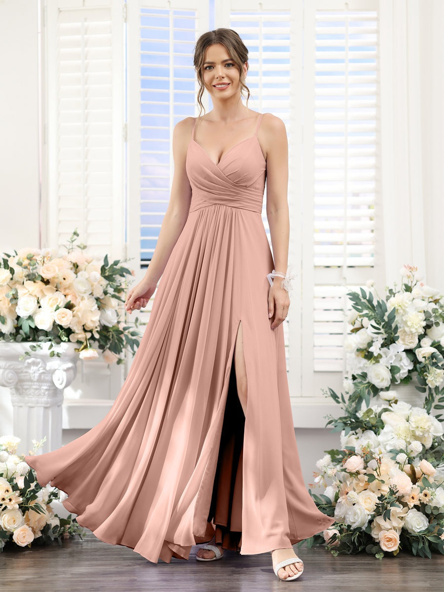 Princess A-Line Floor-Length Chiffon Bridesmaid Dress with V-Neck and Spaghetti Straps