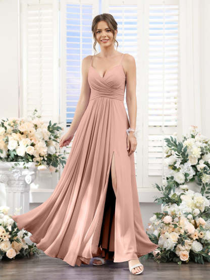 Princess A-Line Floor-Length Chiffon Bridesmaid Dress with V-Neck and Spaghetti Straps