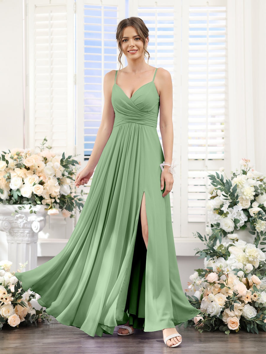 Princess A-Line Floor-Length Chiffon Bridesmaid Dress with V-Neck and Spaghetti Straps