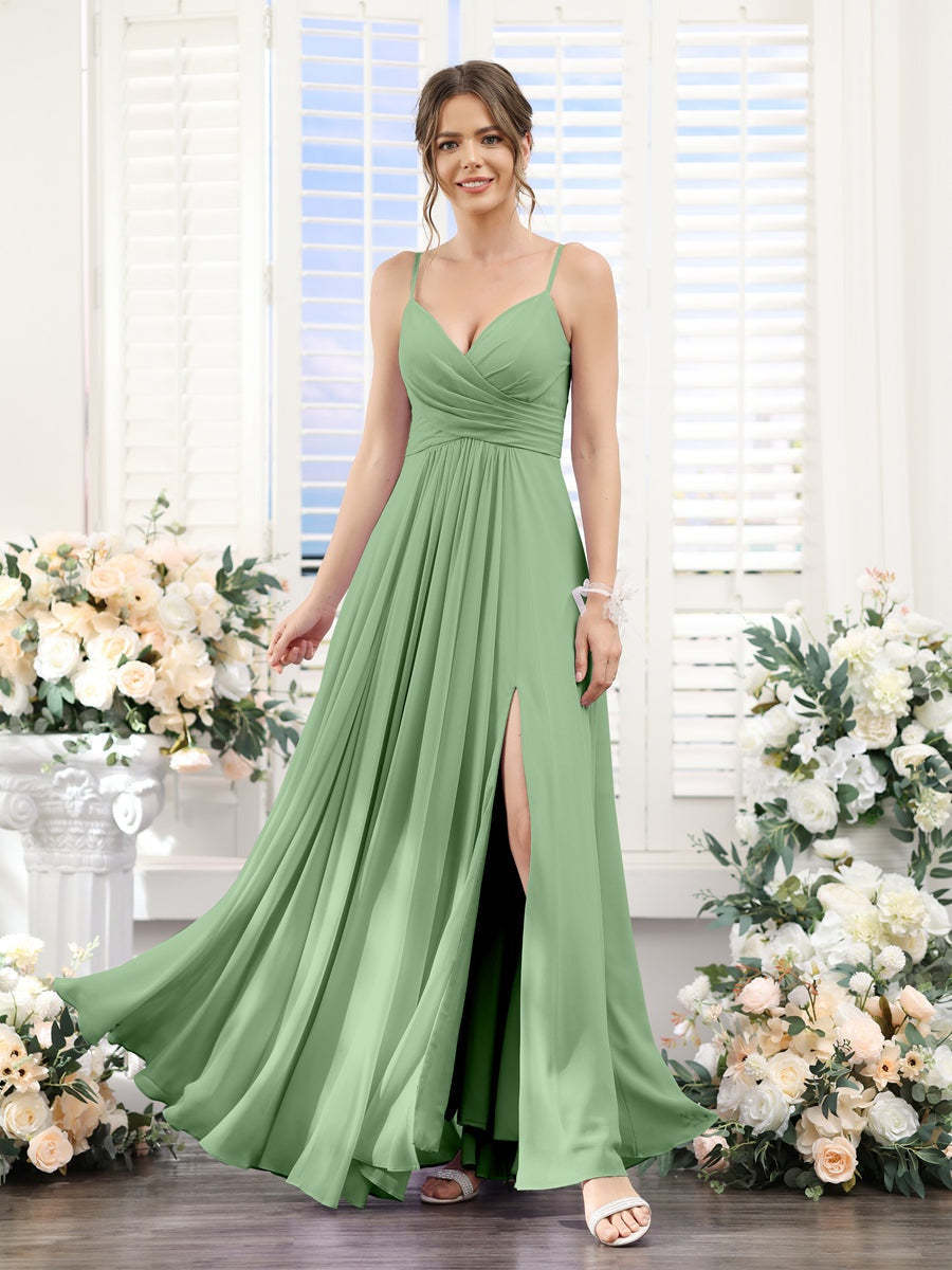 Princess A-Line Floor-Length Chiffon Bridesmaid Dress with V-Neck and Spaghetti Straps