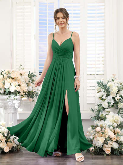 Princess A-Line Floor-Length Chiffon Bridesmaid Dress with V-Neck and Spaghetti Straps
