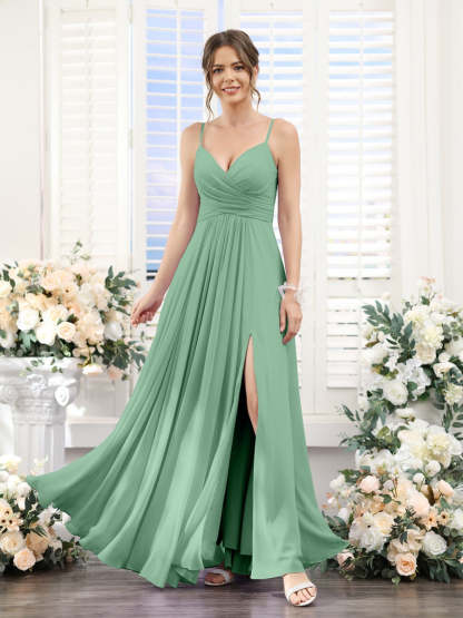 Princess A-Line Floor-Length Chiffon Bridesmaid Dress with V-Neck and Spaghetti Straps