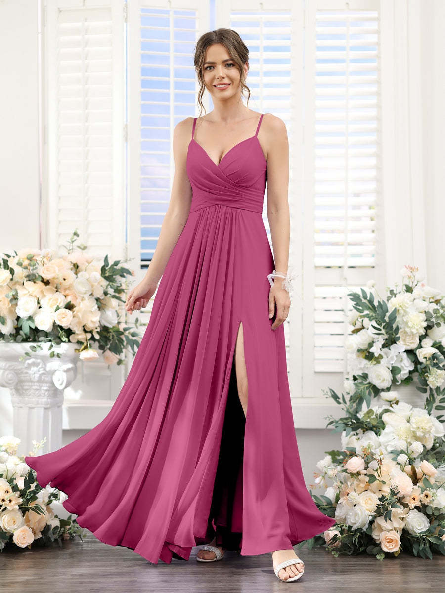 Princess A-Line Floor-Length Chiffon Bridesmaid Dress with V-Neck and Spaghetti Straps