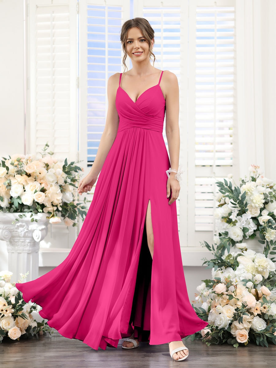 Princess A-Line Floor-Length Chiffon Bridesmaid Dress with V-Neck and Spaghetti Straps