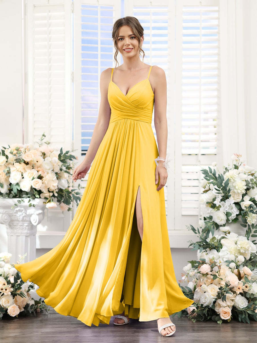 Princess A-Line Floor-Length Chiffon Bridesmaid Dress with V-Neck and Spaghetti Straps