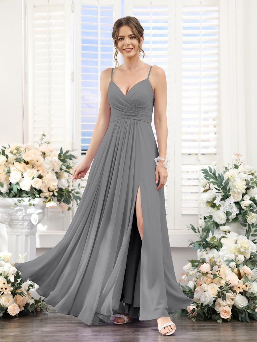 Princess A-Line Floor-Length Chiffon Bridesmaid Dress with V-Neck and Spaghetti Straps