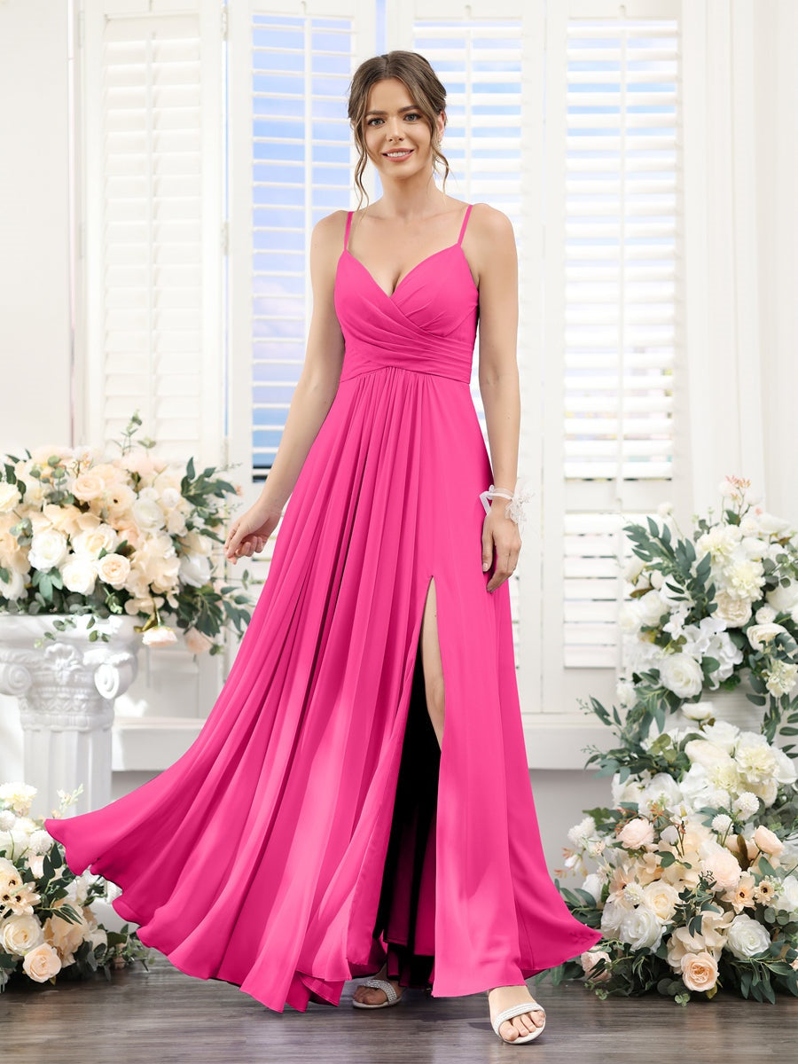 Princess A-Line Floor-Length Chiffon Bridesmaid Dress with V-Neck and Spaghetti Straps